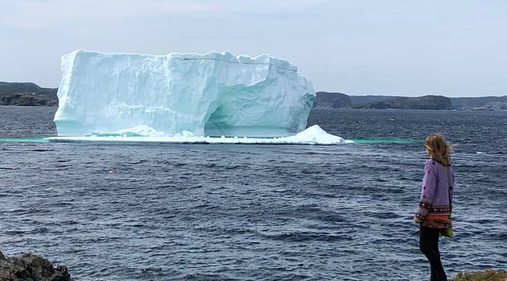 A woman stands on the shore looking at a giant passing iceberg